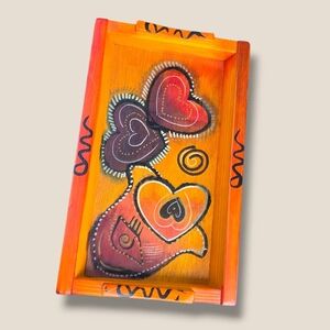 Hand-Painted Orange & Red Wooden Tray - Decorative Home Accent